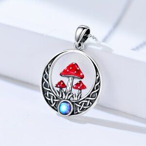 Full Moon Mushrooms Silver Dipped Pendant Necklace Boho Vintage Vibe NEW
